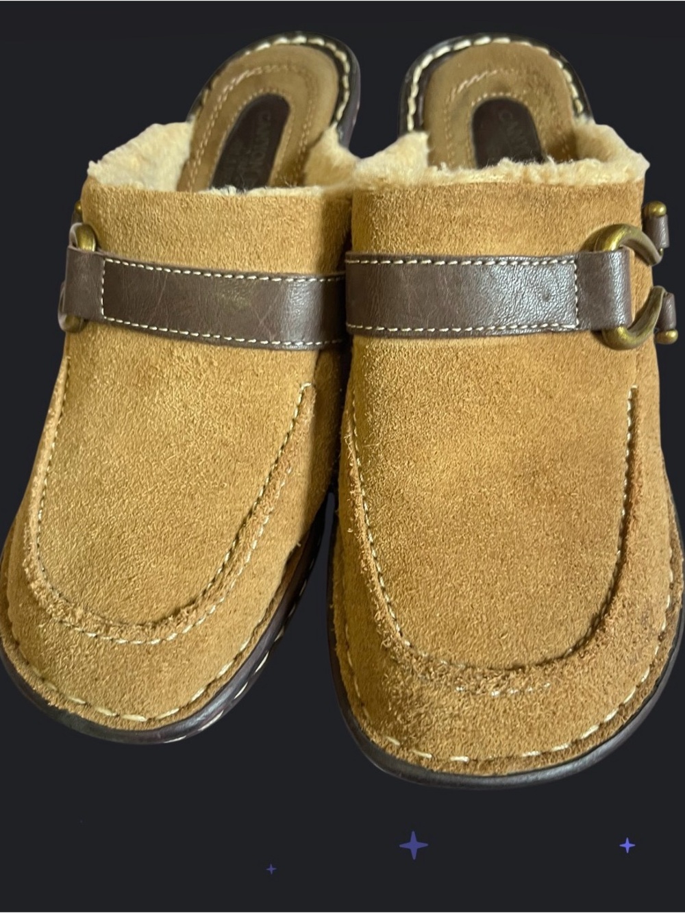 Suede Shearling Slip-On Mules in Camel Brown